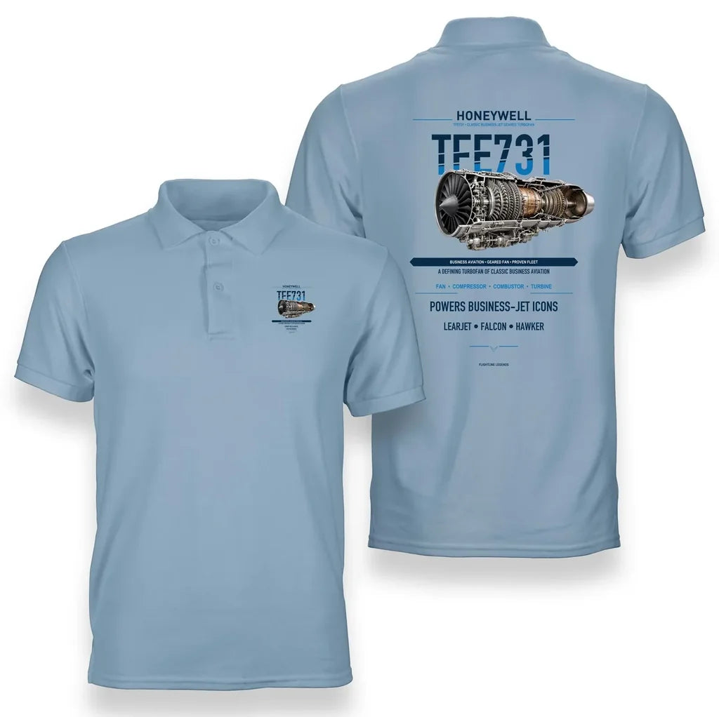TFE731 design on light blue polo
