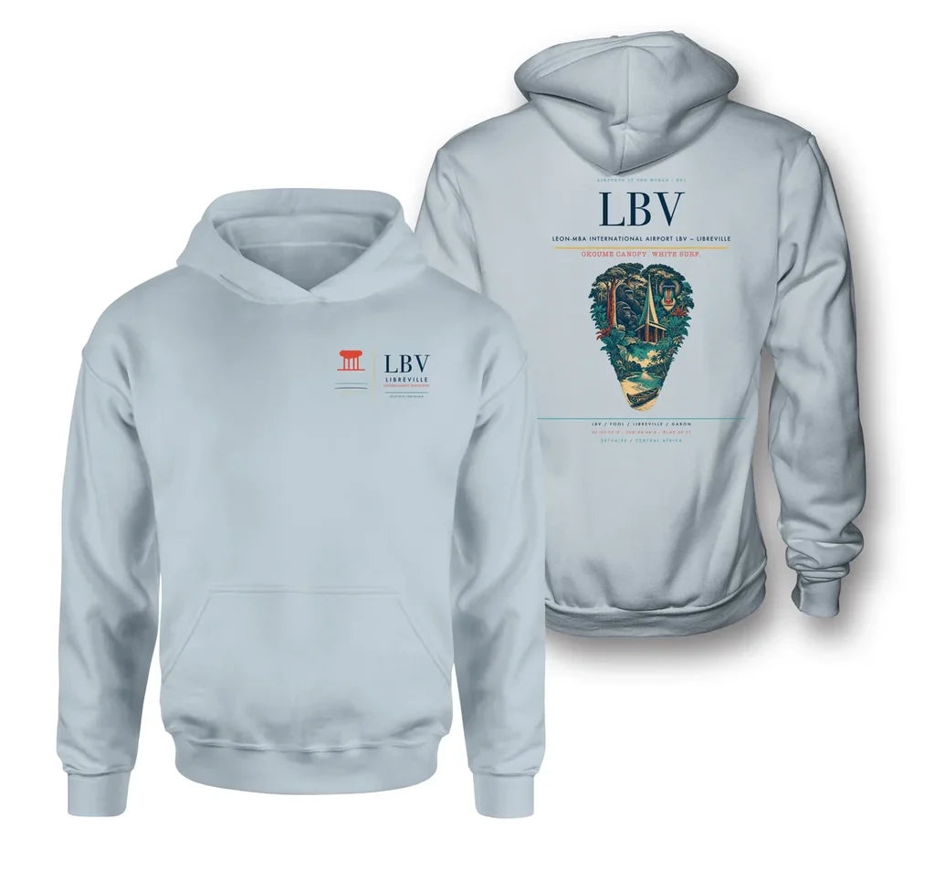 Leon-Mba International Airport (LBV) design on light blue double-side hoodie