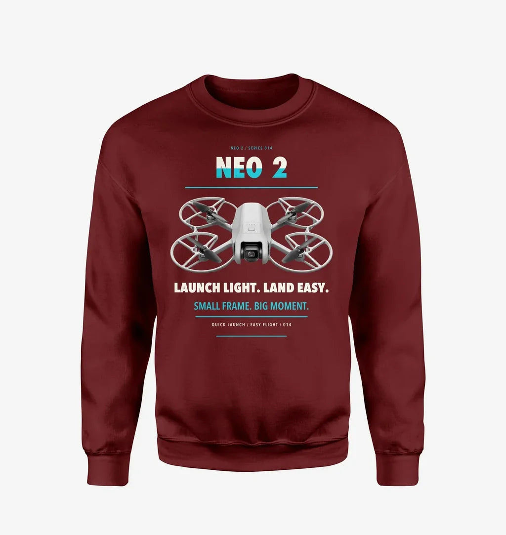 DJI Neo 2 design on wine red sweatshirt
