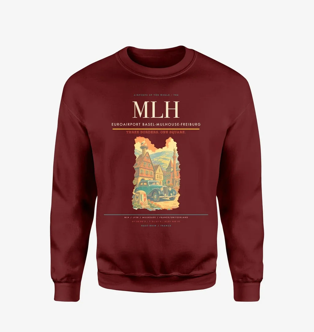 EuroAirport Basel-Mulhouse-Freiburg (MLH) design on wine red sweatshirt