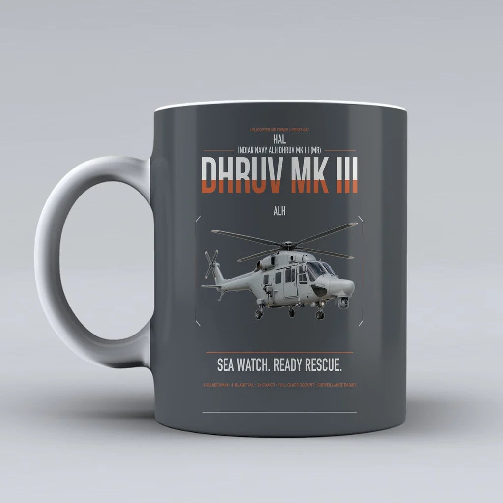 HAL ALH Dhruv Mk III design on gray ceramic mug, double-side print