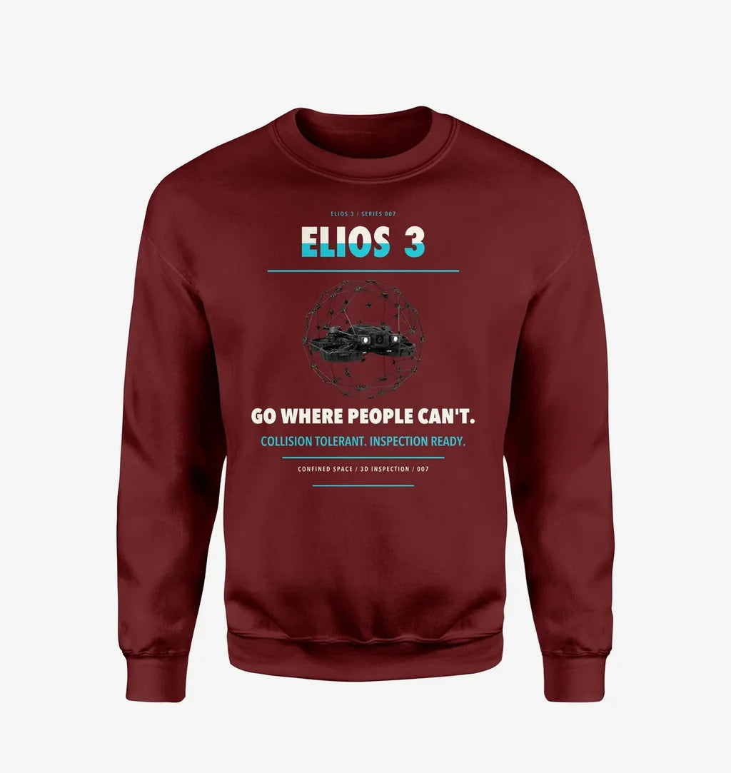 Flyability Elios 3 design on wine red sweatshirt