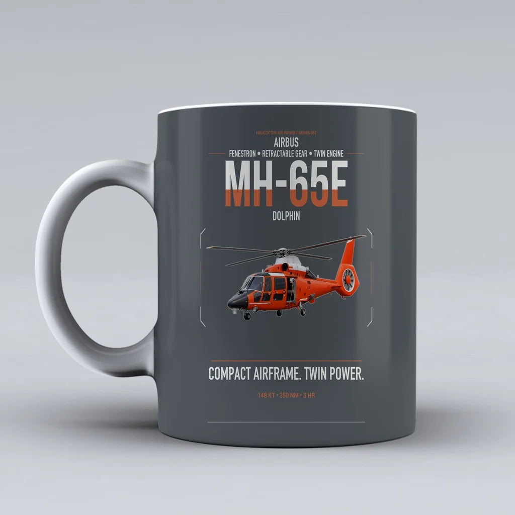 Airbus MH-65E Dolphin design on gray ceramic mug, double-side print