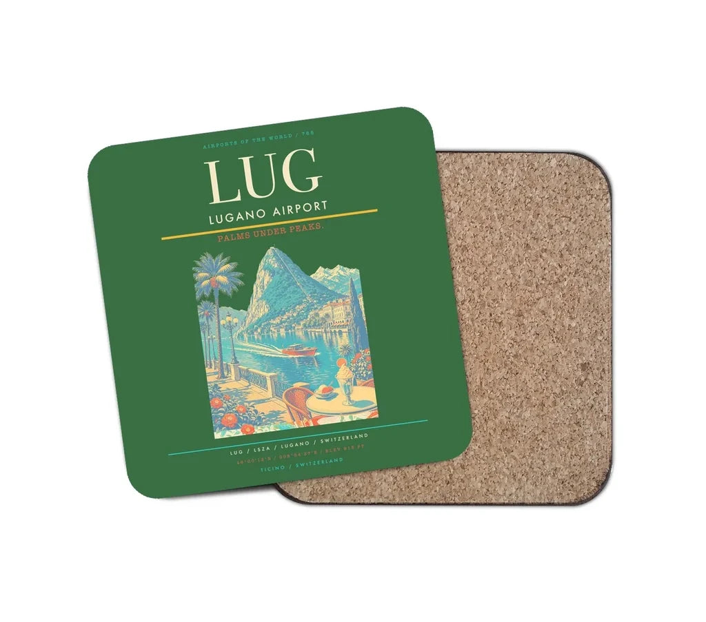 Lugano Airport (LUG) design on green 1 piece coaster