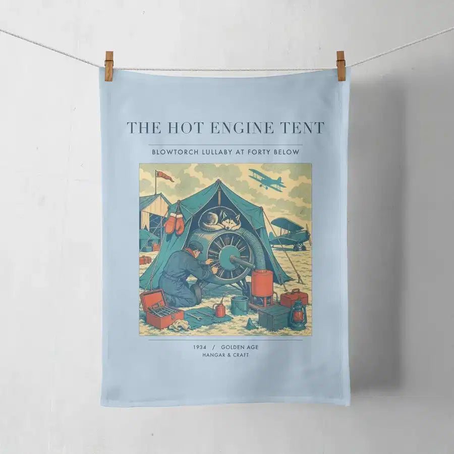 VINTAGE G4356 - The Hot Engine Tent - Designed Towels design on lightblue