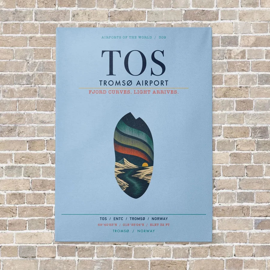 Tromsø Airport TOS vertical canvas print - no frame - light blue background