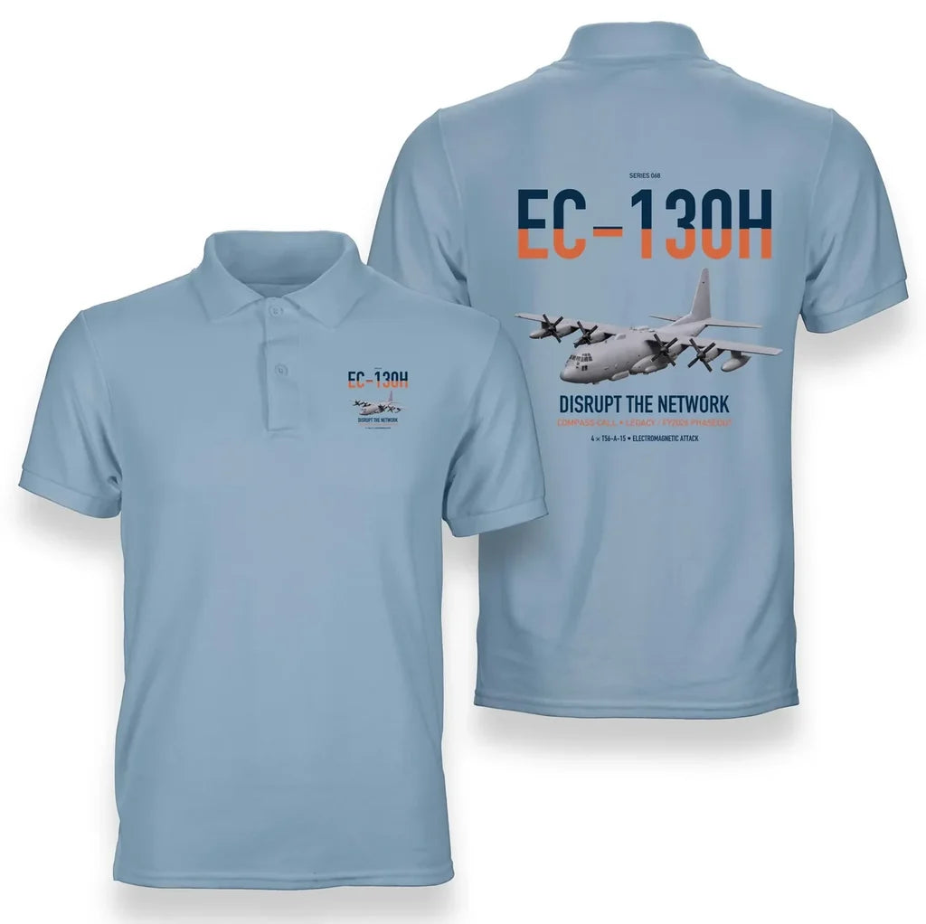 EC-130H Compass Call design on light blue double-side polo t-shirt, double-side print