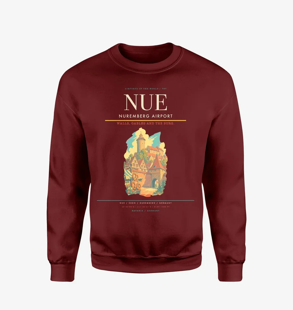 Nuremberg Airport (NUE) design on wine red sweatshirt