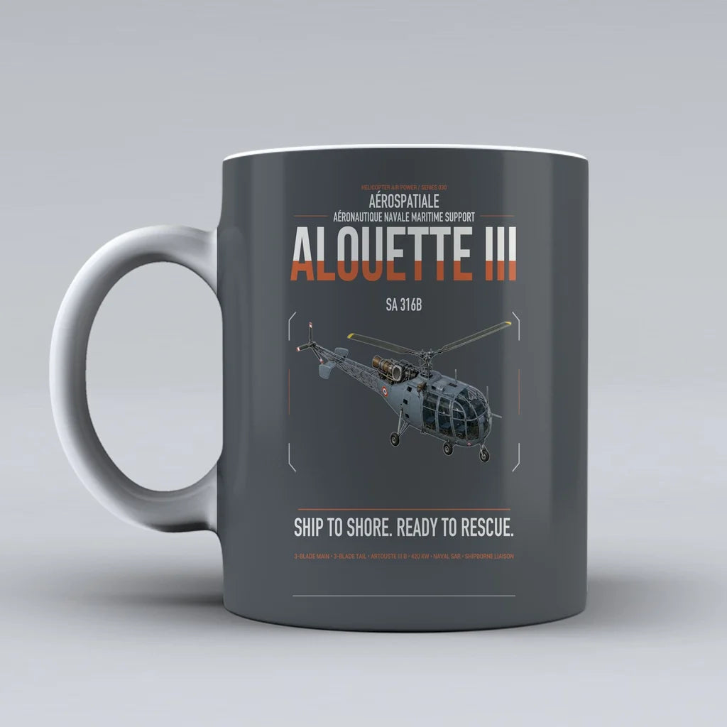 Aérospatiale SA 316B Alouette III design on gray ceramic mug, double-side print