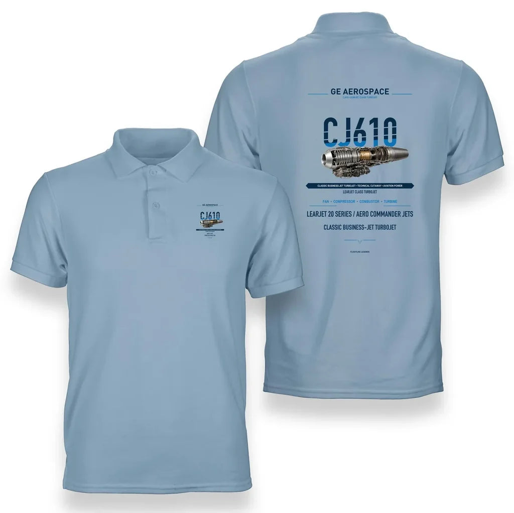 CJ610 design on light blue polo