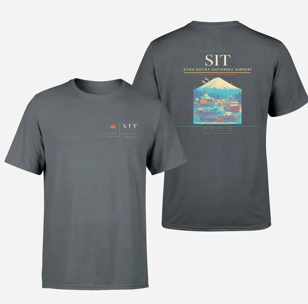 Sitka Rocky Gutierrez Airport (SIT) design printed on gray double-side t-shirt