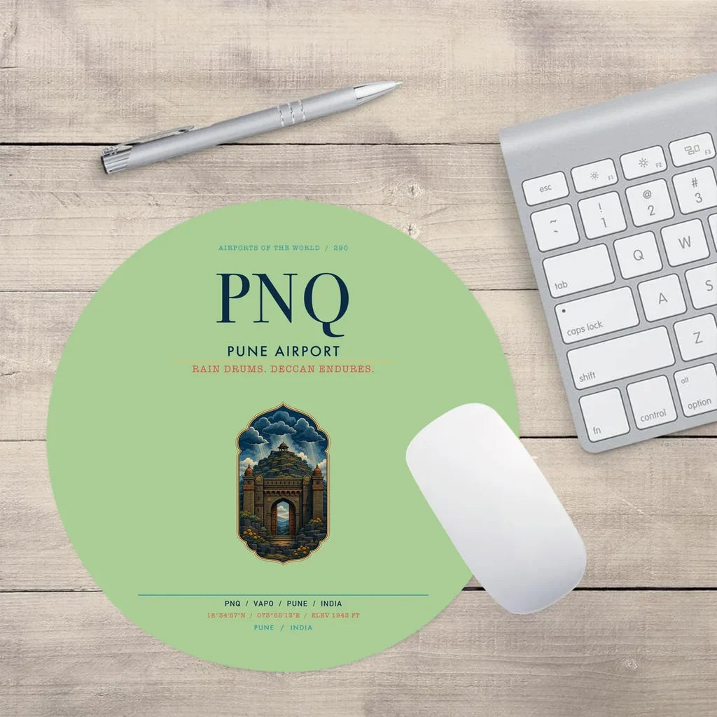 Pune Airport (PNQ) design on light green round mouse pad