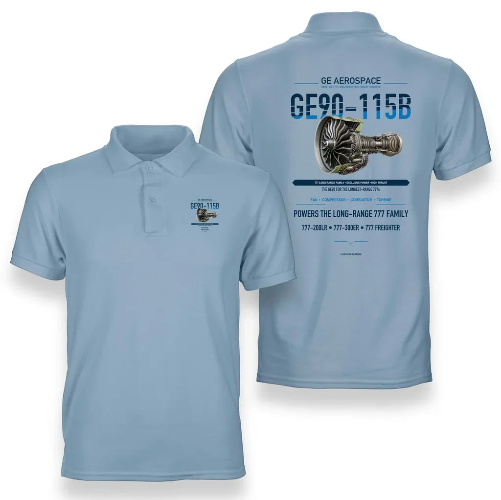 GE90-115B design on light blue polo
