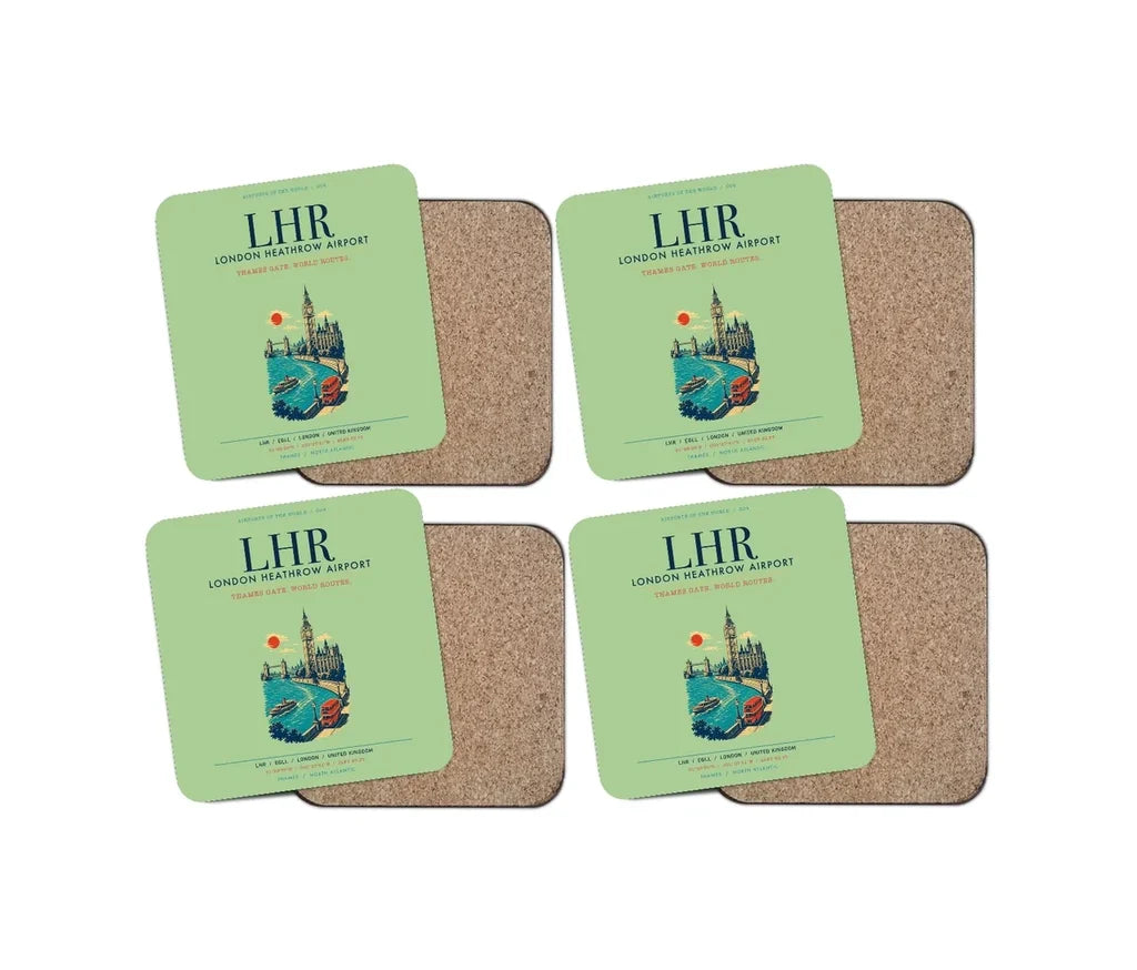 London Heathrow Airport (LHR) design on light green 4 pieces set coaster