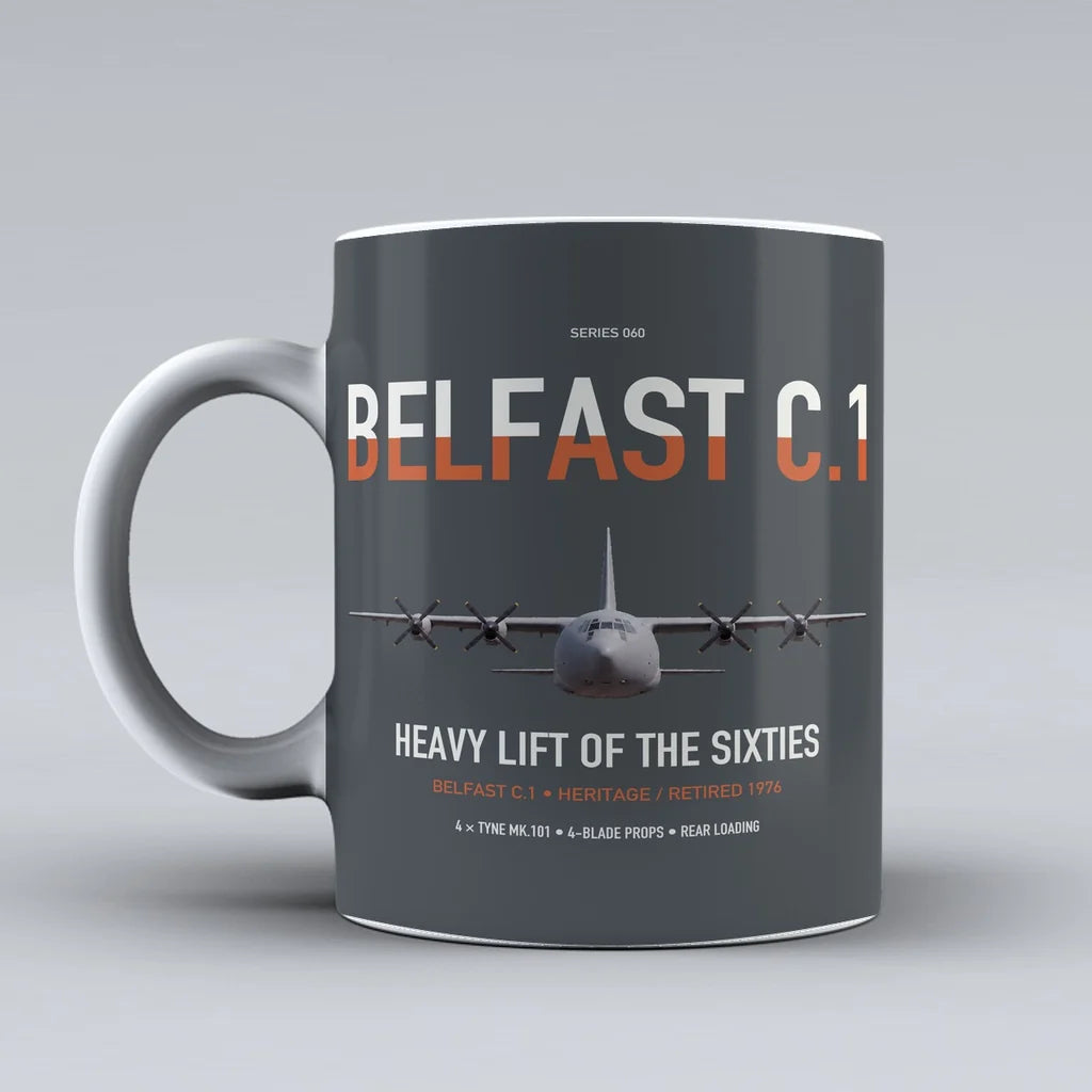 Short Belfast C.1 design on gray ceramic mug, double-side print