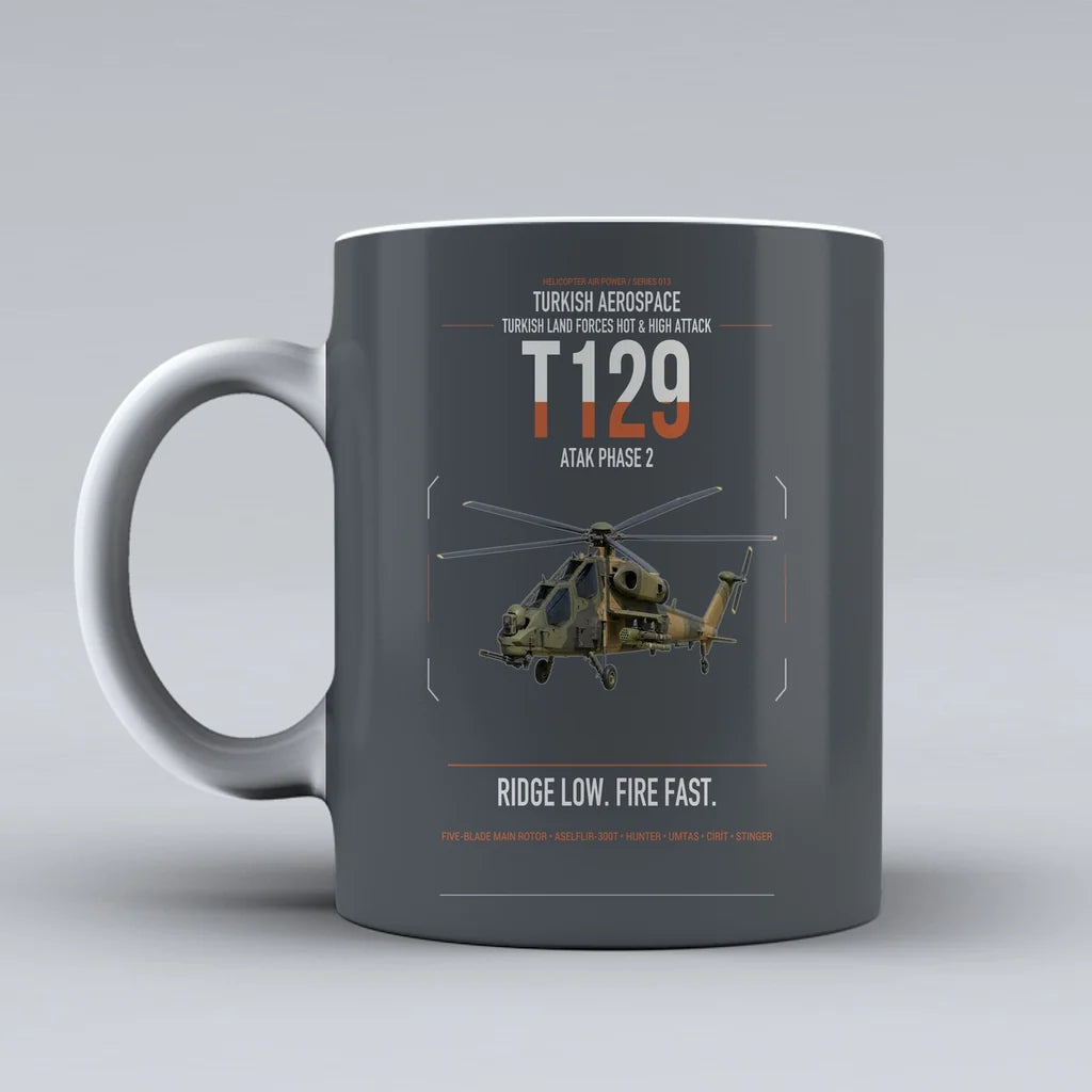 Turkish Aerospace T129 ATAK Phase 2 design on gray ceramic mug, double-side print