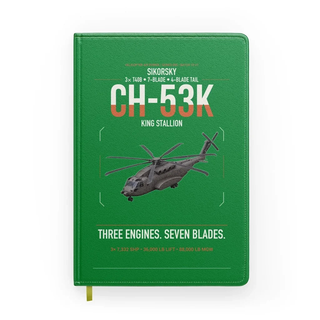 Sikorsky CH-53K King Stallion design on green notebook