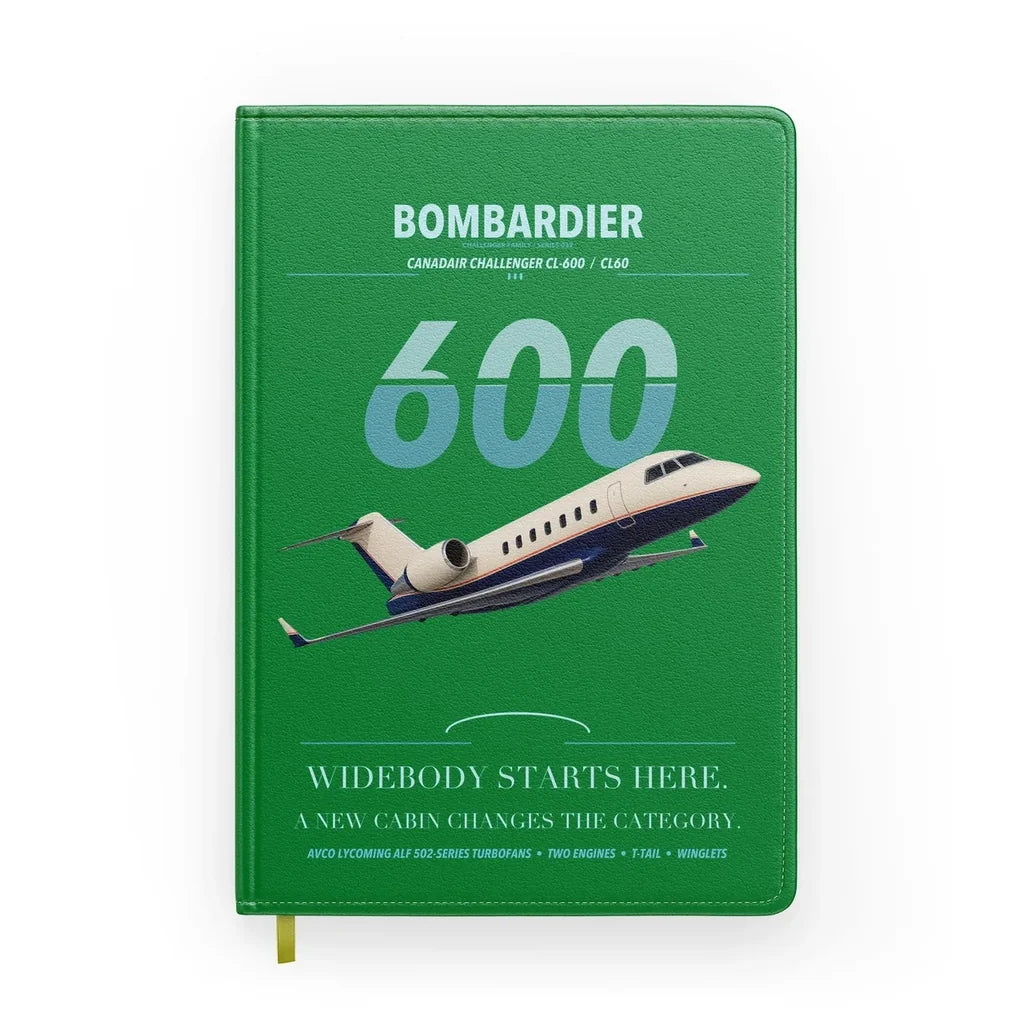 Bombardier Challenger 600 design on green notebook