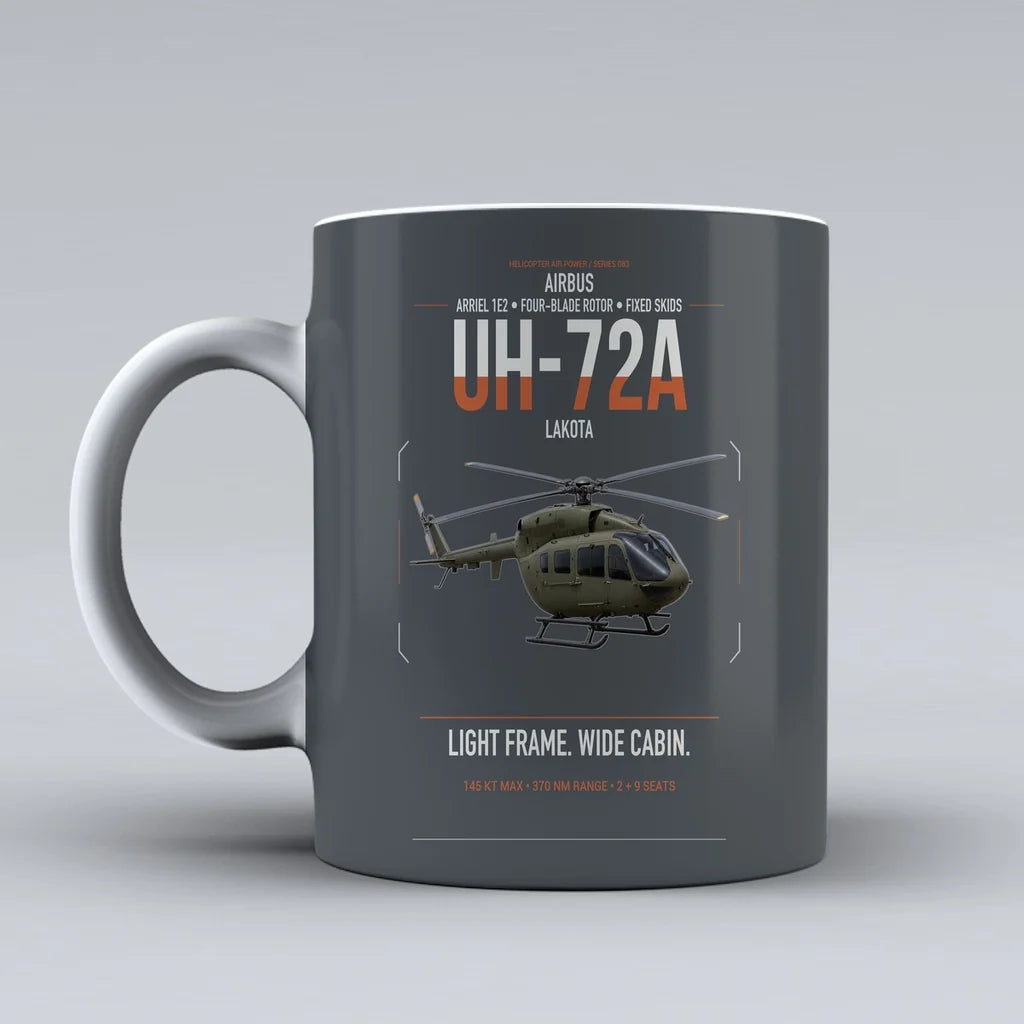 Airbus UH-72A Lakota design on gray ceramic mug, double-side print