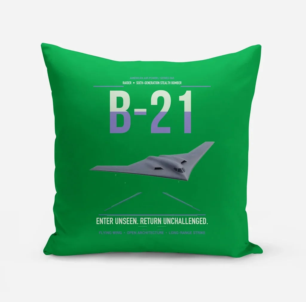 B-21 Raider design on green pillow
