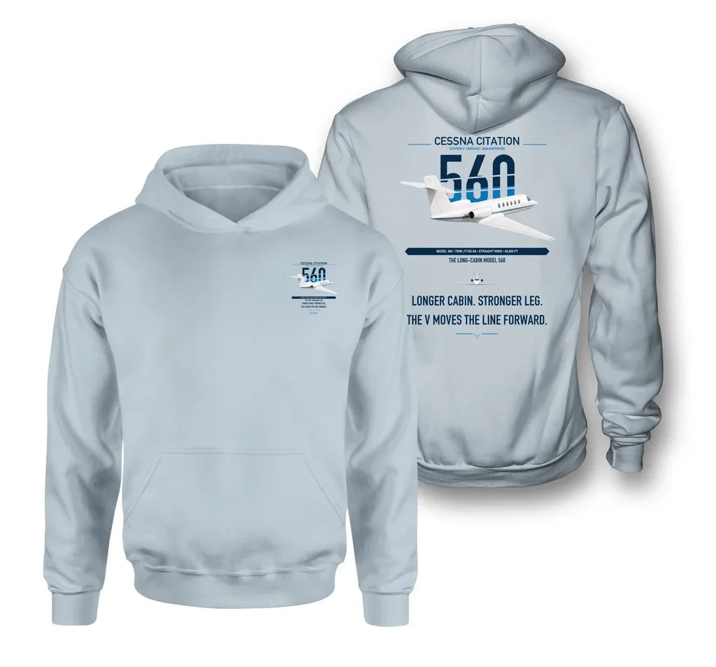 Cessna Citation 560 - Citation V design on light blue double-side hoodie, double-side print