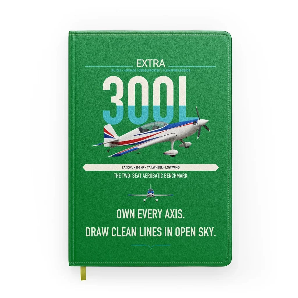 Extra 300L design on green notebook