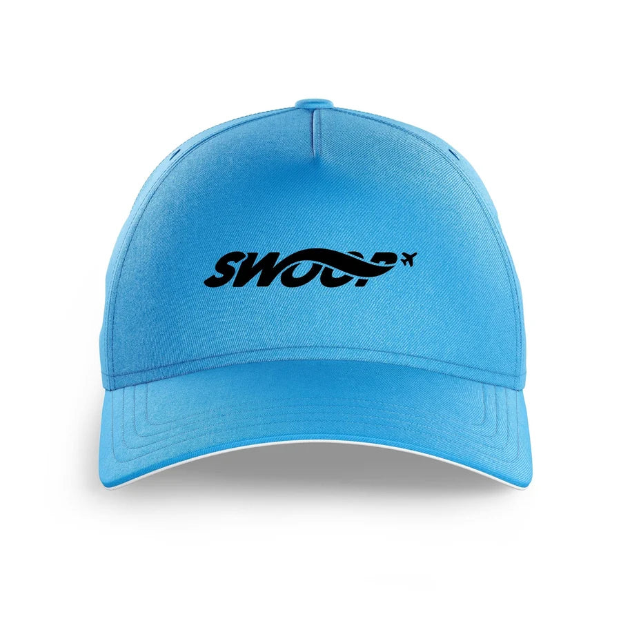 Swoop Airlines logo printed on light blue cap