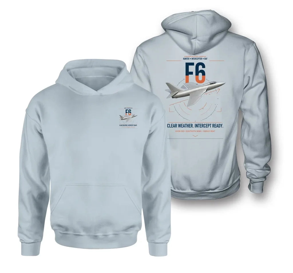 Hawker Hunter F6 design on light blue double-side hoodie, double-side print
