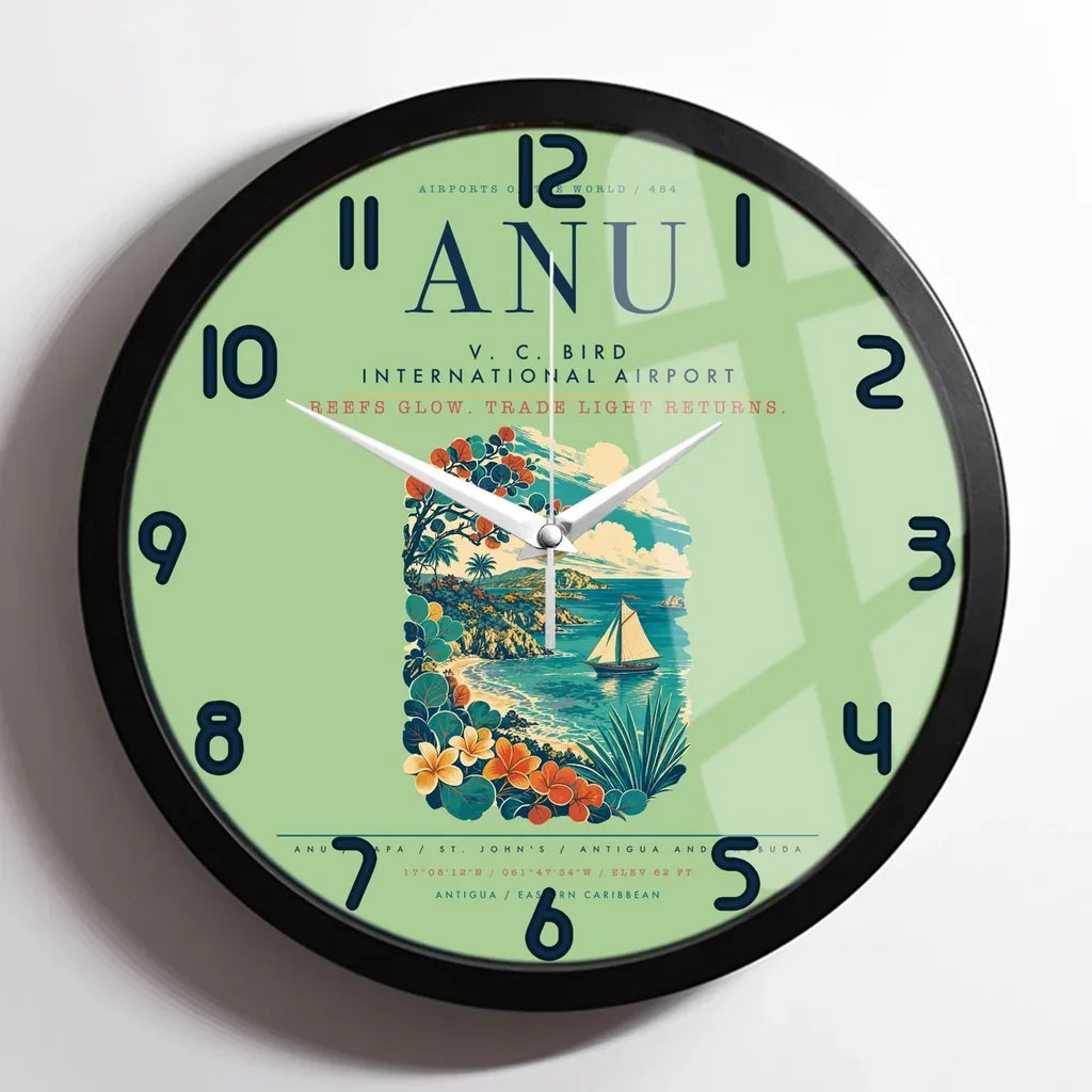V. C. Bird International Airport (ANU) design on light green framed wall clock