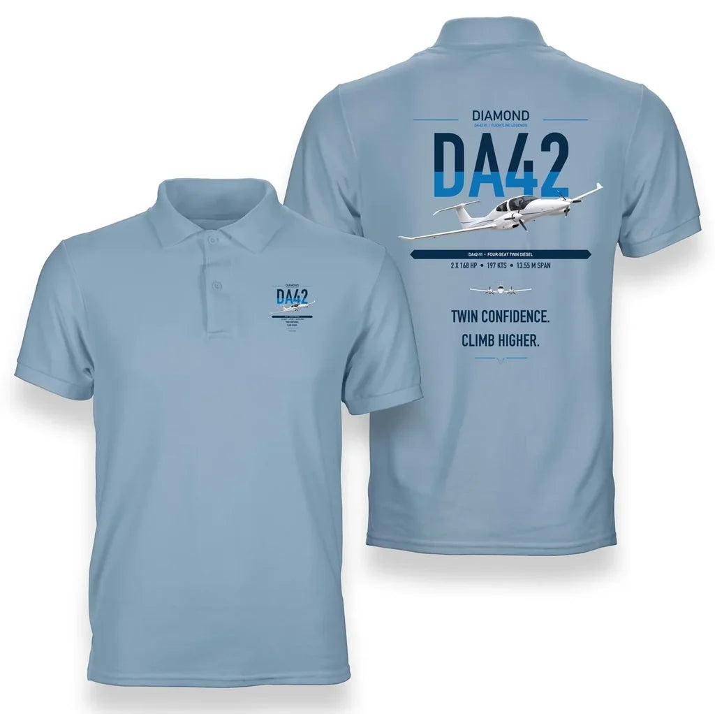 Diamond DA42-VI design on light blue double-side polo t-shirt, double-side print
