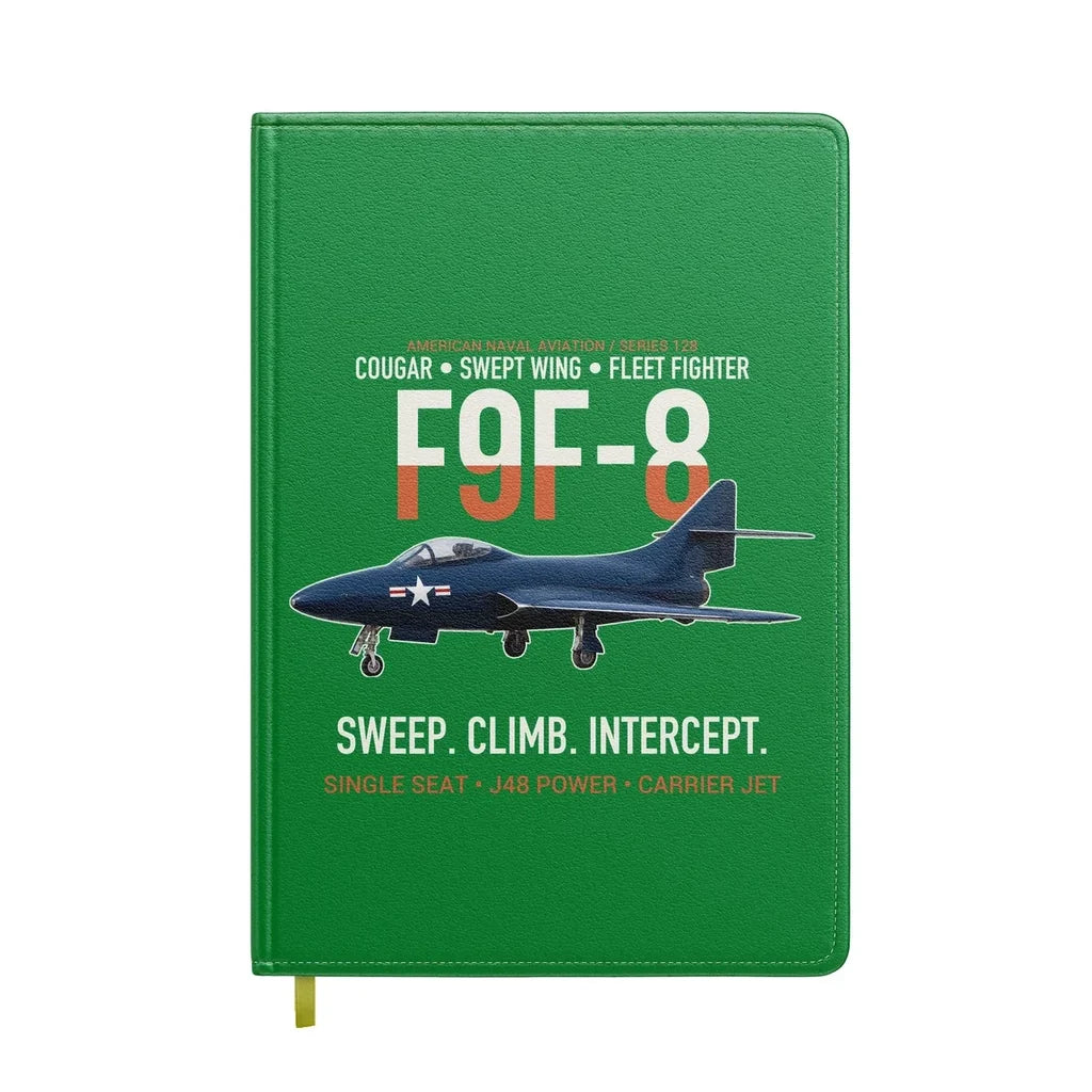 F9F-8 Cougar Swept Wing Carrier Fighter design on green notebook