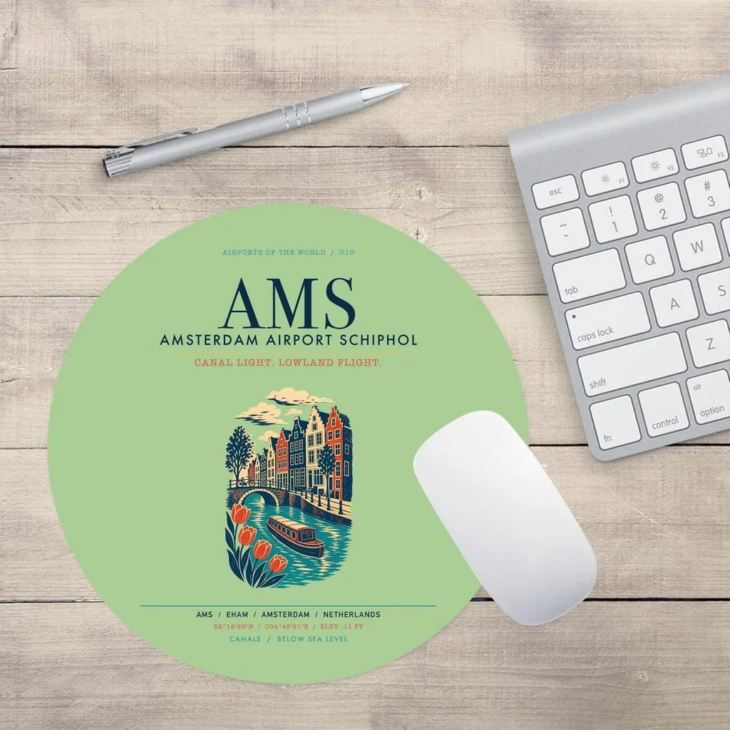 Amsterdam Airport Schiphol (AMS) design on light green round mouse pad