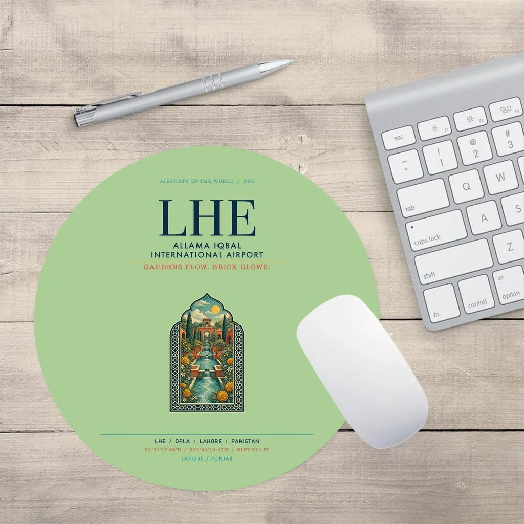 Allama Iqbal International Airport Lahore (LHE) design on light green round mouse pad