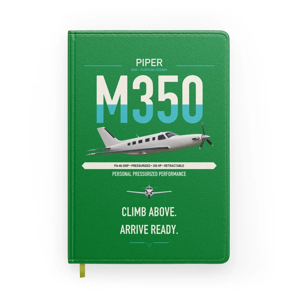 Piper M350 design on green notebook