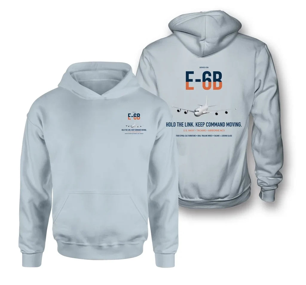 E-6B Mercury design on light blue double-side hoodie, double-side print