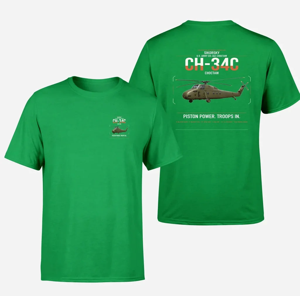 Sikorsky CH-34C Choctaw design on green t-shirt, double-side print