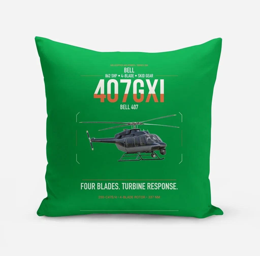 Bell 407GXi design on green pillow