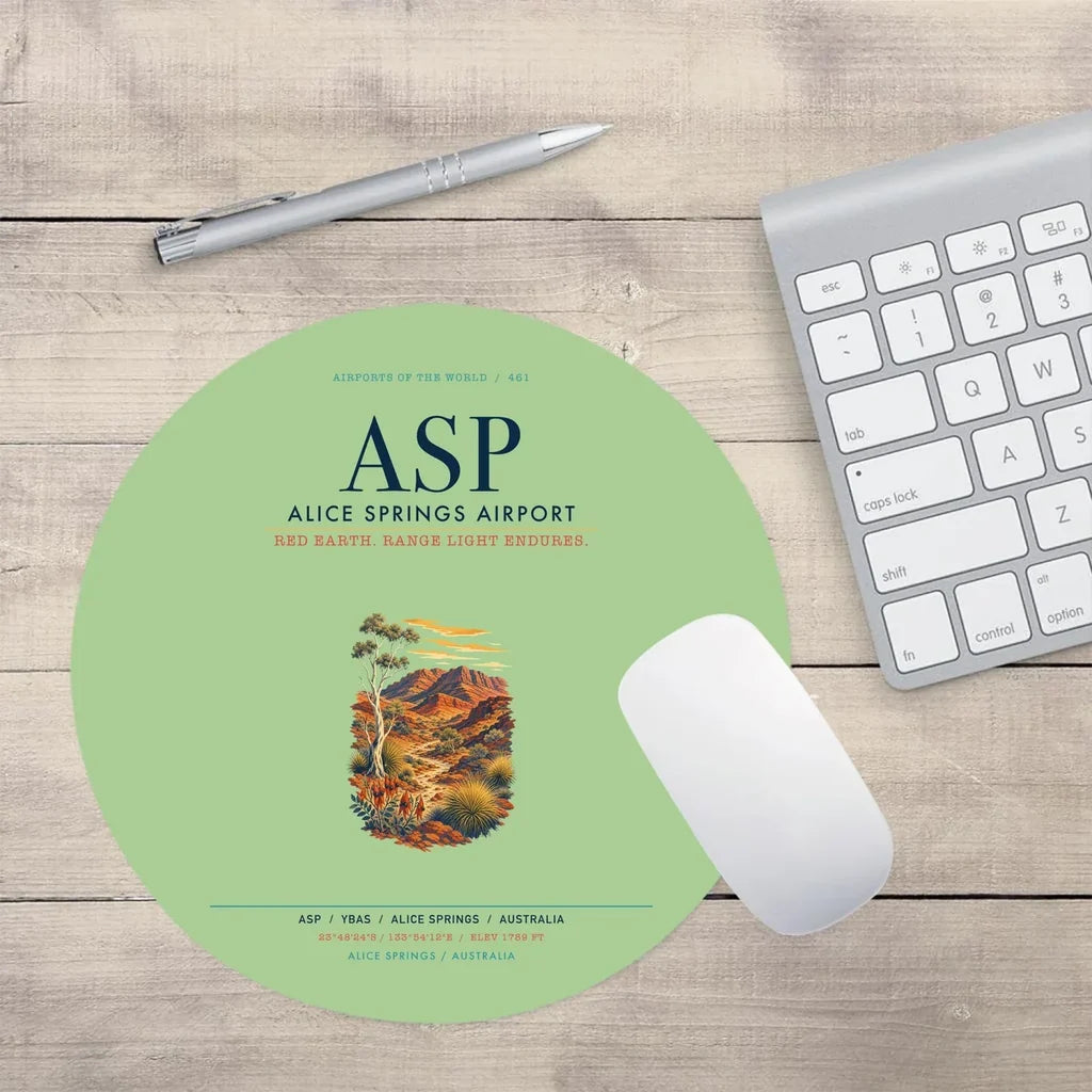 Alice Springs Airport (ASP) design on light green round mouse pad