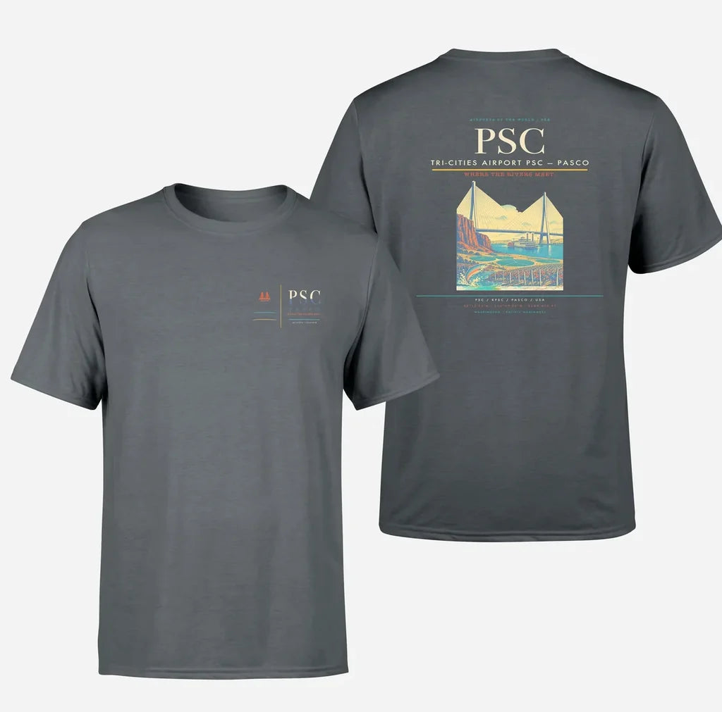 Tri-Cities Airport (PSC) design printed on gray double-side t-shirt