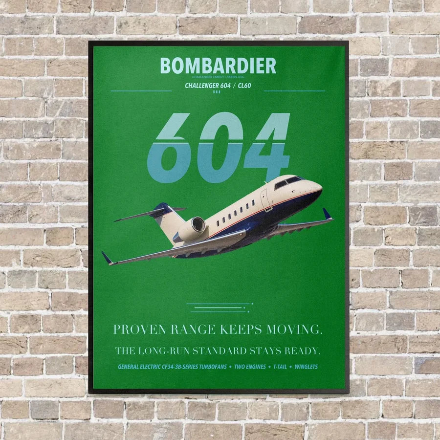 Bombardier Challenger 604 vertical canvas print - framed - green background