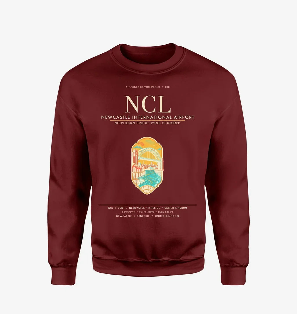 Newcastle International Airport (NCL) design on wine red sweatshirt