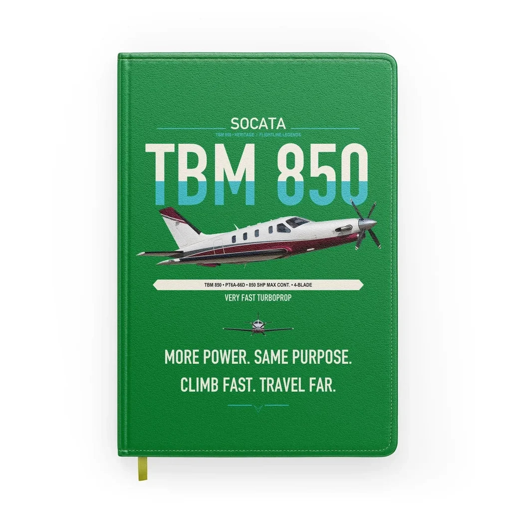 Socata TBM 850 design on green notebook