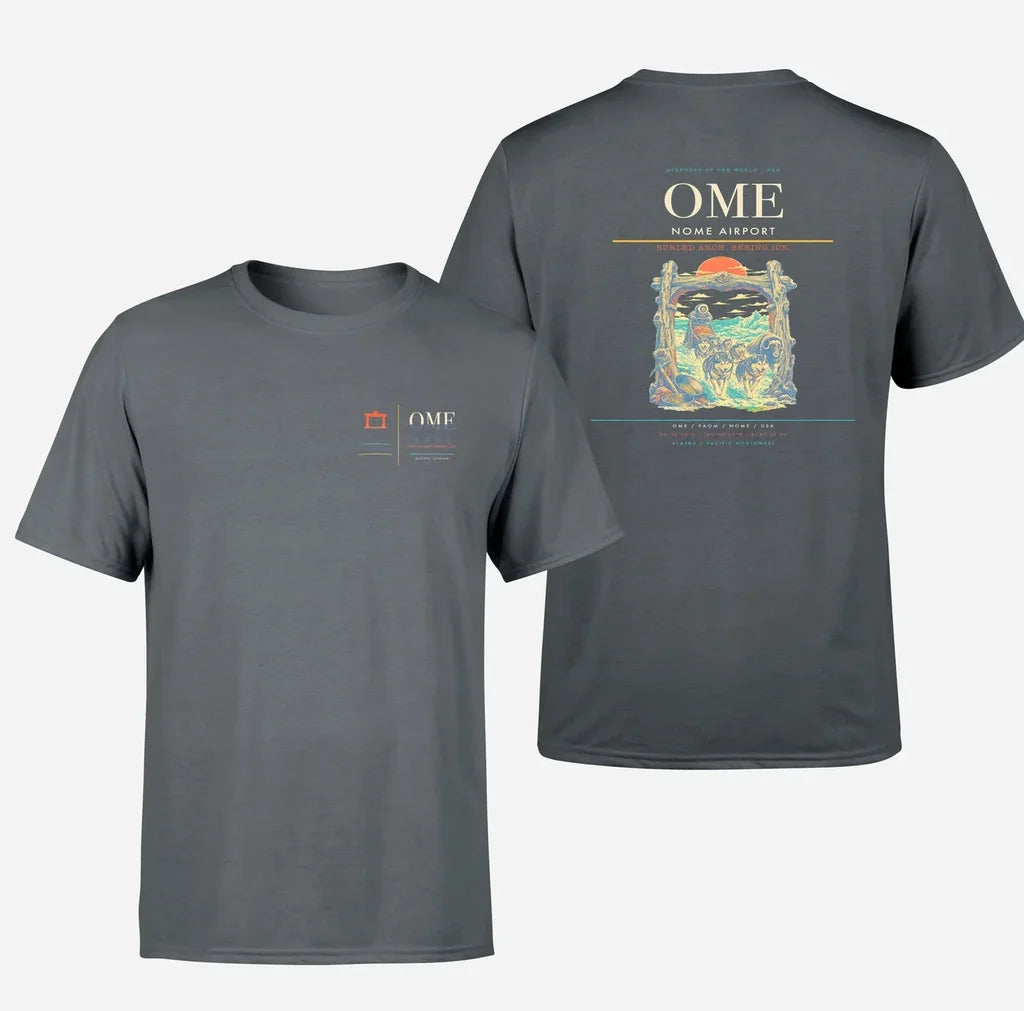 Nome Airport (OME) design printed on gray double-side t-shirt