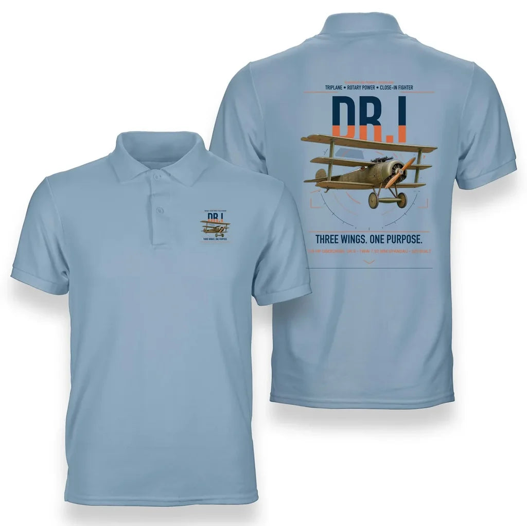 Fokker Dr.I design on light blue double-side polo t-shirt, double-side print