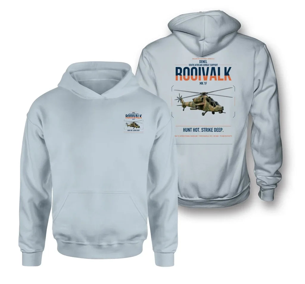 Denel Rooivalk Mk 1F design on light blue double-side hoodie, double-side print