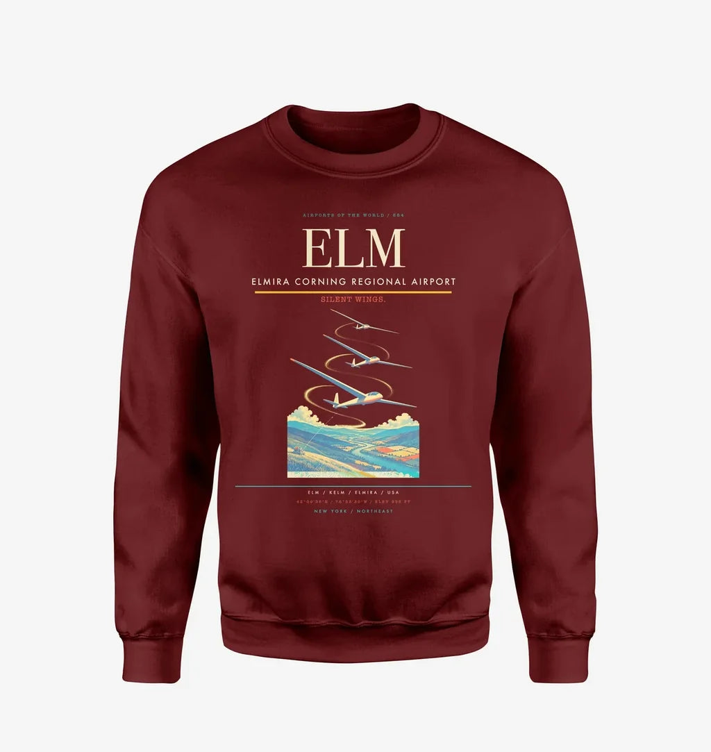 Elmira Corning Regional Airport (ELM) design on wine red sweatshirt