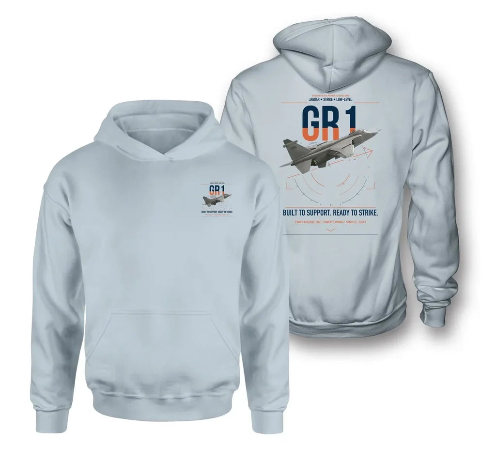 SEPECAT Jaguar GR1 design on light blue double-side hoodie, double-side print