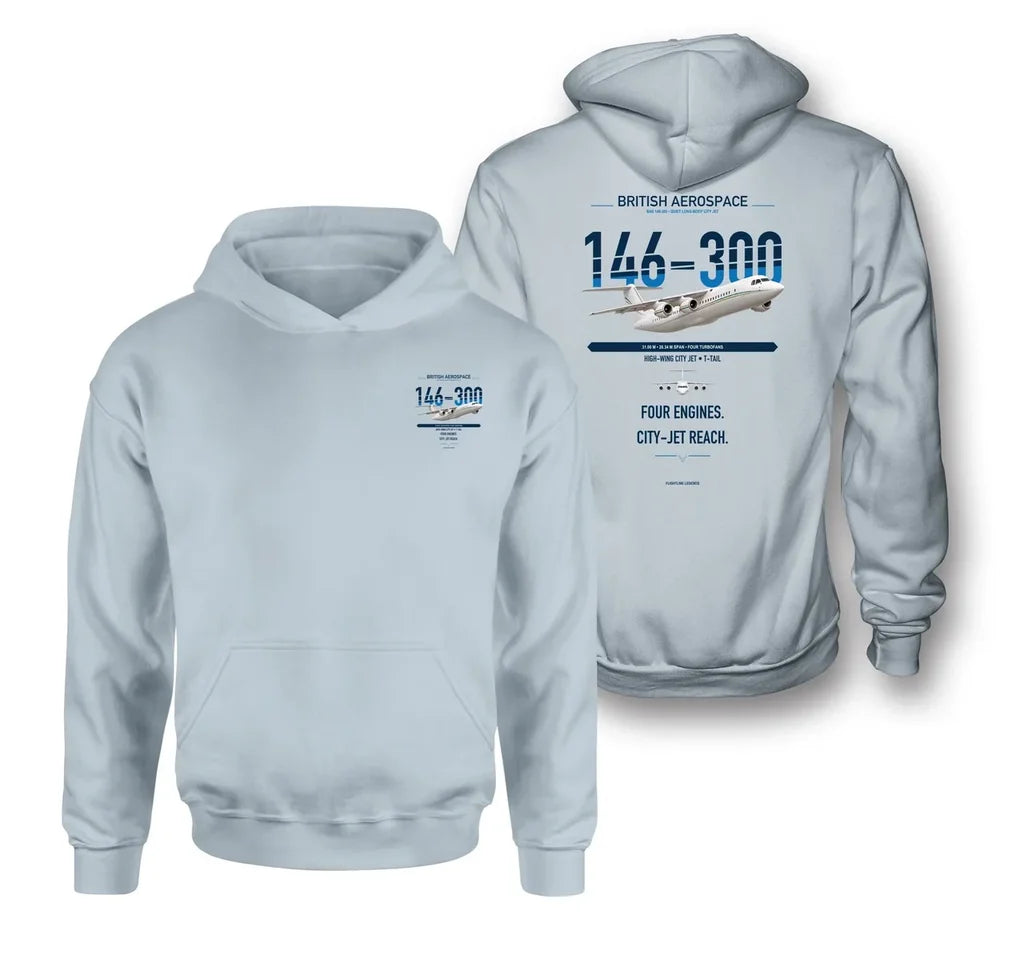 BAe 146-300 design on light blue double-side hoodie, double-side print