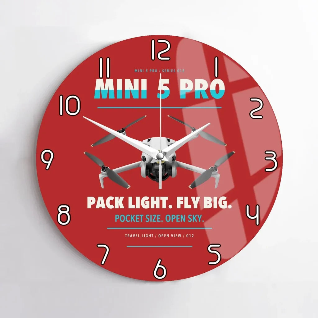DJI Mini 5 Pro design on red no frame wall clock