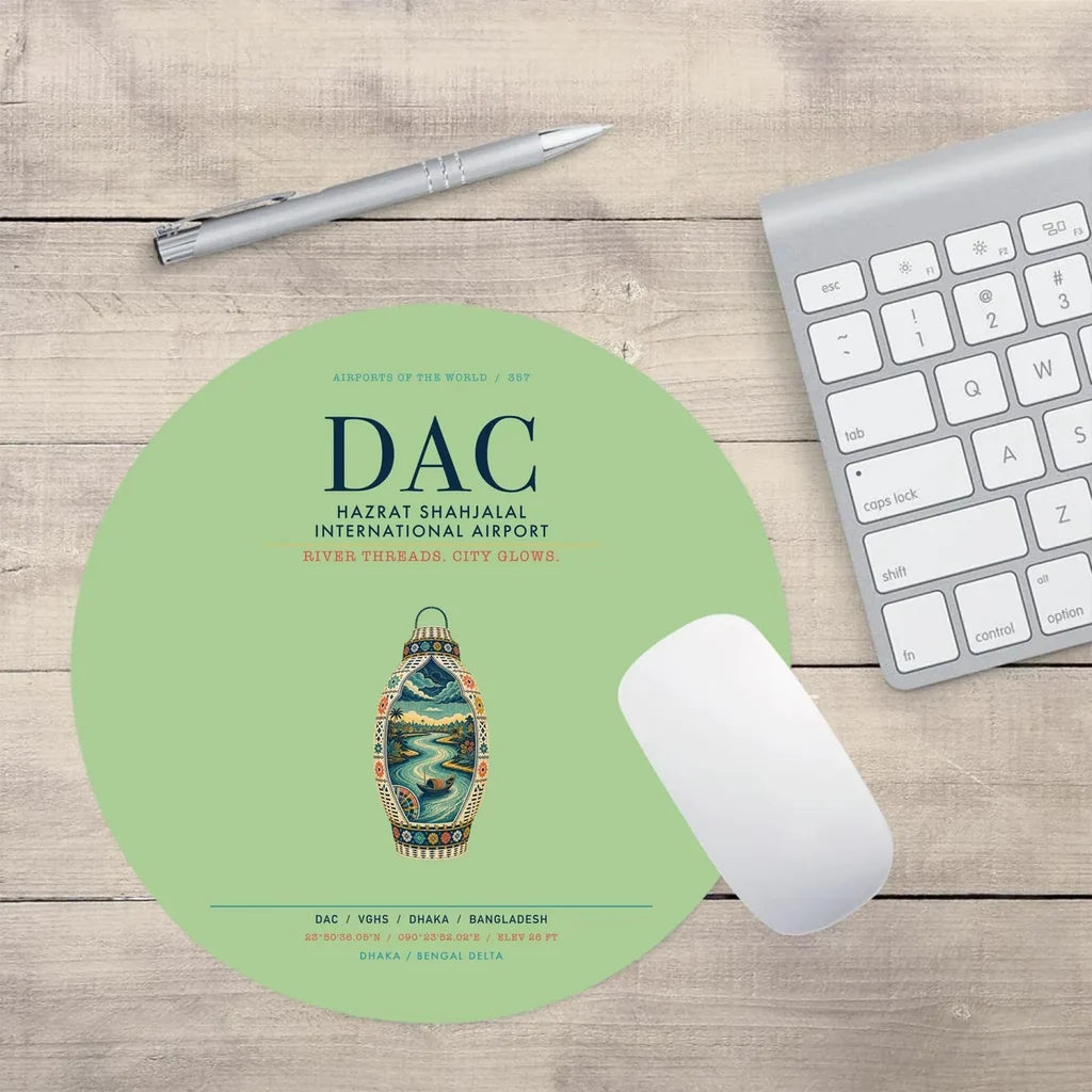 Hazrat Shahjalal International Airport Dhaka (DAC) design on light green round mouse pad
